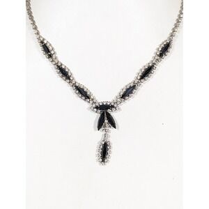 Vintage Black Rhinestone Tennis Y Drop Necklace Silver Tone Statement 18"